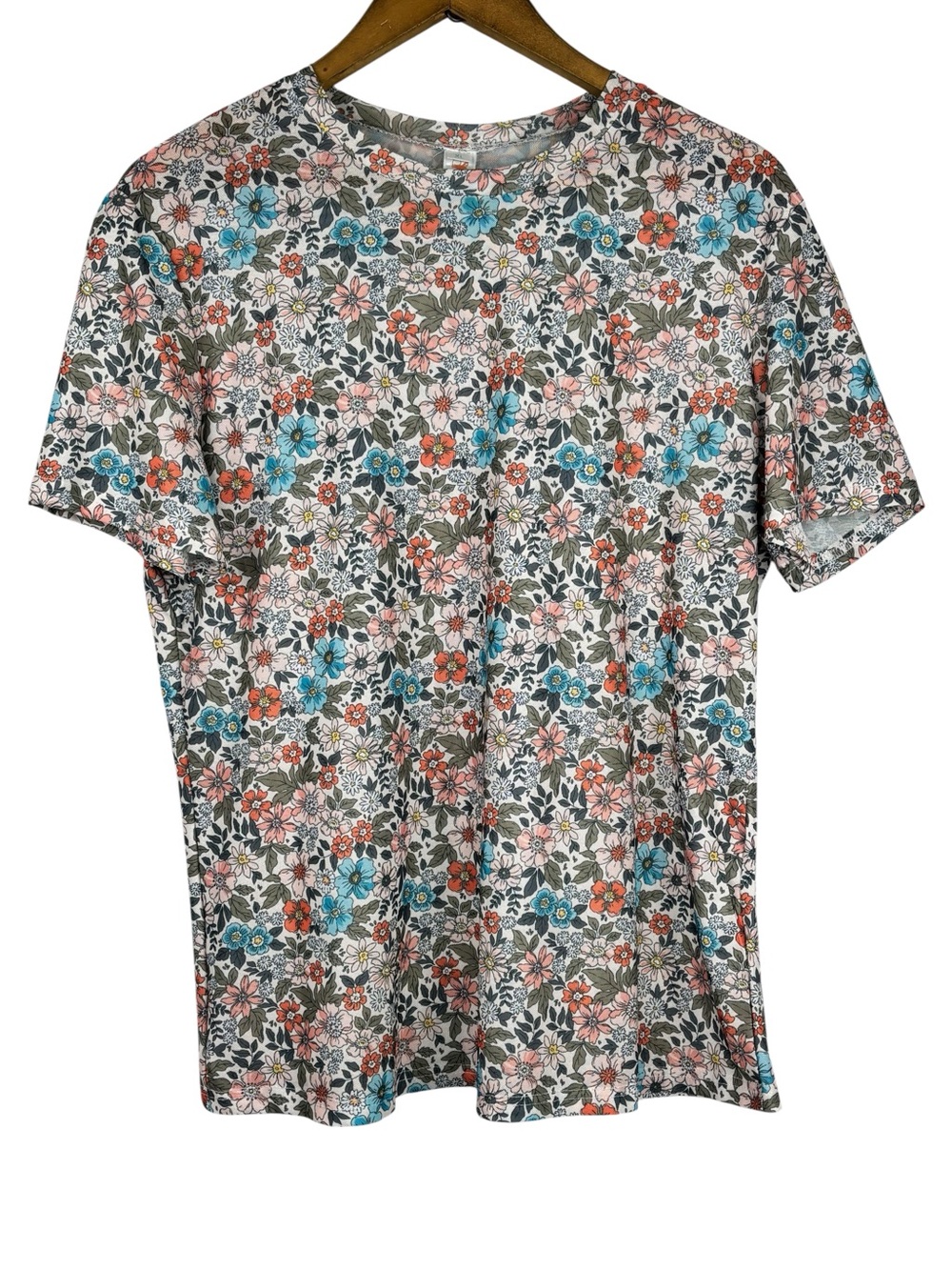 Shirley & Stone Vibrant Floral Print Short Sleeve Stretchy Semi Sheer Top XL